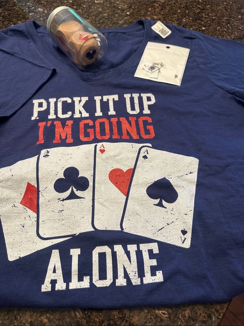 Women's Navy Graphic Tee, Earrings & Euchre Blocks ‘Pick It Up I'm Going Alone'